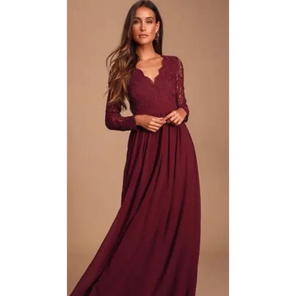 Lulus Women's Awaken My Love‎ Long Sleeve Lace Maxi Dress Backless Burgundy SZ M